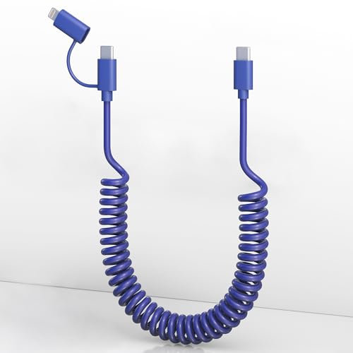 Cable USB C a USB C/Lightning en espiral [certificado MFi] para iPhone 15, cable Apple CarPlay con synvde datos y carga para automóvil, cable USB C en espiral PD 27W/60W para iPhone/Android