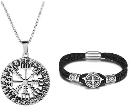 Zysta Herren Armband Wikinger Kompass Schmuck Set Vegvisir Anhänger Halskette Valknut geflochten Seil Armreif Nordischer Amulett für Männer