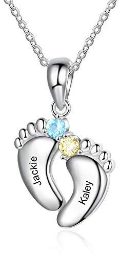 jewelora Personalisierte Baby Füße Damen Halskette Anhänger mit Namen Gravur Geburtssteinen Schmuck Geschenk für Familie Mutter Mama