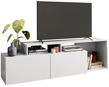 ACTUAL DIFFUSION Meuble TV 50 Pouces 2 Abattants Blanc 6 Niches L 164 H 46.5 P 37.5 cm
