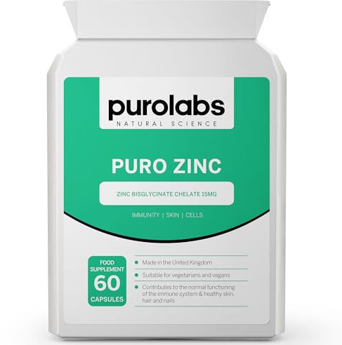 High Strength Zinc Supplement 15mg by Purolabs - Chelated Zinc Bisglycinate - Vegan Capsules - High Absorption Tablets for Men & Women - Immune & Skin Support Supplements - 60 Count