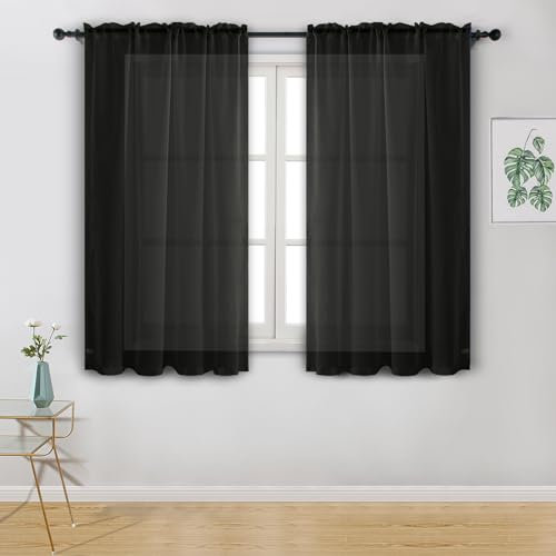 Hiasan Voile Curtain Black Curtains for Bedroom Net Curtains for Window Sheer Curtains for Living Room With Tiebacks 55 X 57 Inch drop 2 Panels Rod Pocket Top