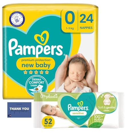 Newborn Baby Bundle Consists of Size 0 Newborn Nappies (24 Pack) with Sensitive Baby Wipes (52 Wipes)