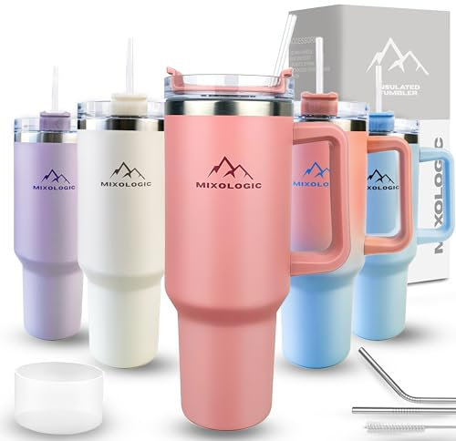 MIXOLOGIC 40oz Tumbler with Straw and Lid, 2 Stainless Steel Straws & Silicone Boot, Coffee Cup Travel Mug with Handle, Flask for Hot Drink, Vacuum Insulated Thermal Water Bottle (Nude)