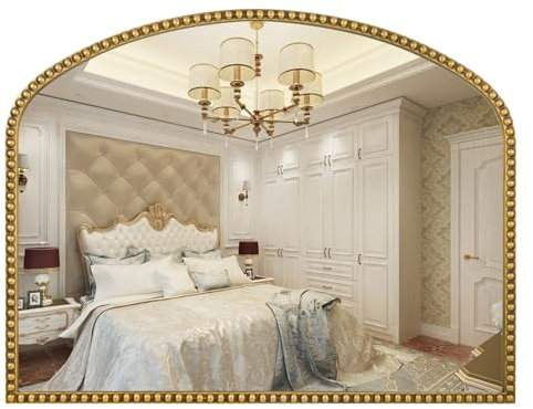 Fobule Espejo de pared de arco grande de 28 x 36 pulgadas, marco decorativo con cuentas para tocador, baño, entrada, dormitorio, chimenea, oro antiguo