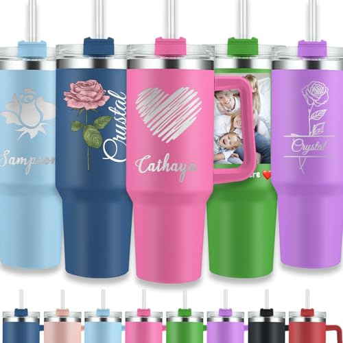 WolunLi Personalised 40oz Tumbler with Handle & Straw - Custom Photo/Text Travel Mug, Engraved with Icon/Name Stainless Steel Vacuum Insulated Cup for Hot & Cold Drinks, Great Gift for Women Men