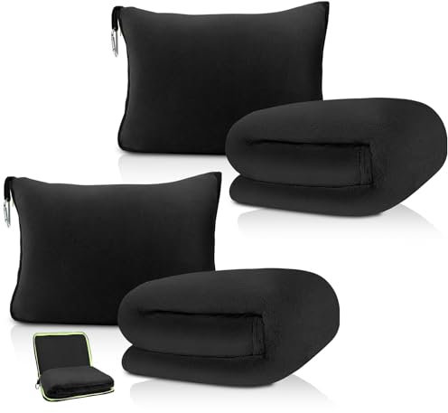 DAWNTREES 2er-Pack Reisedecke,180x100cm,2 in 1 Packbare Flugzeugdecke und Kissen Essential für Flugzeug, Auto, Fernreisen und Outdoor Camping (Schwarz)