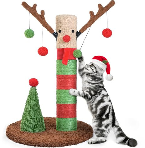BOLUO Christmas Cat Scratching Post Deer Cat Trees for Adult Cats Scratcher Cute Toy Kitten Kitty Sisal Scratch with Teaser Ball Indoor 25 inch
