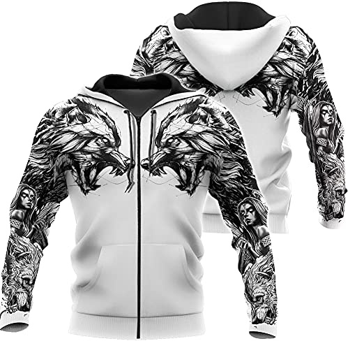 ZFSBRTL Nordische Mythologie 3D-Druck Odin Wolf Fenrir Tattoo Hoodie, Herren Viking Retro Weiblicher Krieger Totem Pullover Streetwear Große Casual Zip Kleidung