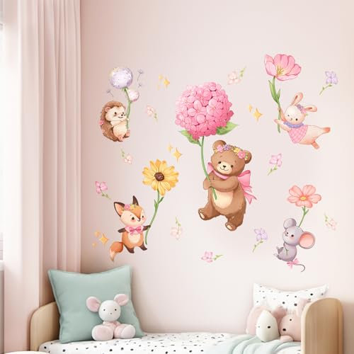Decvictor Wandtattoo Rosa Cartoon Tier Wandaufkleber Bär Eichhörnchen Kaninchen Blumen haltend Fliegend Wandsticker Kinderzimmer Babyzimmer Mädchenzimmer Wanddeko