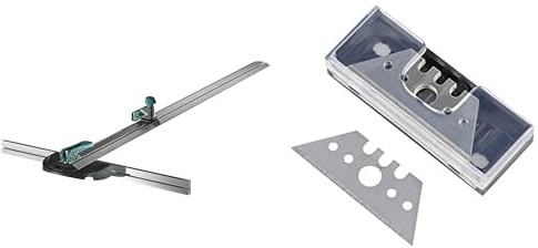 Bundle aus wolfcraft T-Schiene mit Parallelschneider, 4008000, Schneid- und Markierungshilfe für Gipskartonplatten + wolfcraft 10 Trapezklingen 0,5 x 52 mm - Ersatzklingen