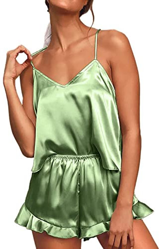 Pigiama Cotone Donna delle Donne Sexy Raso di Increspato Set Shorts Set degli Indumenti da Notte di Raso Shorts Set da Notte Set Tuta Pigiama Pile Donna con Zip 𝐏igiamone Adulto (Mint Green, S)