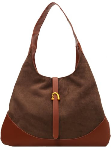 Suweir Handtasche Damen Wildleder Schultertasche Groß Hobo Tote Bag Tragbare Shopper Tasche Retro Henkeltaschen Casual Shoulder Bag Suede Tasche für Alltag, Reisen, Arbeit Rotbraun