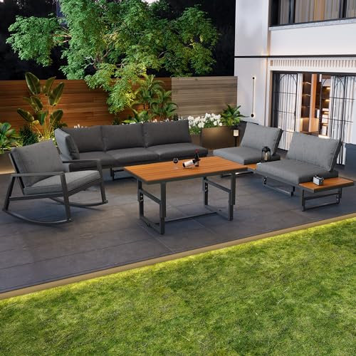 MSMOK Gartenmöbel-Set, grau, 4-teiliges Set, 2 Sofas, 1 Tisch, 1 Schaukelstuhl, pulverbeschichtetes Eisengestell, verstellbare Rückenlehne, Verstellbarer Tisch, inklusive Aller Kissen und Sitzkissen