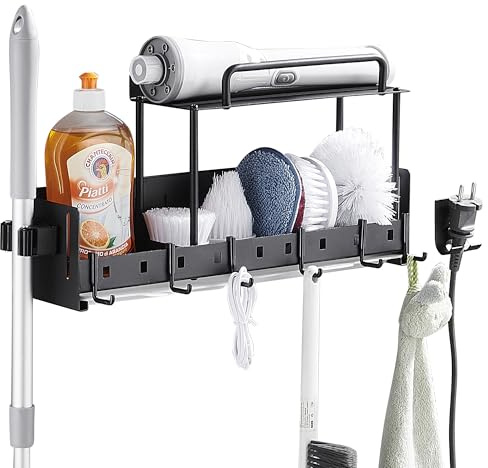 UASIO Wall-Mounted Cleaning Tool Organizer, 16.14x4.33x3.74 inches, Black Storage Rack with Drip Tray, Mop Holder with 5 Hooks