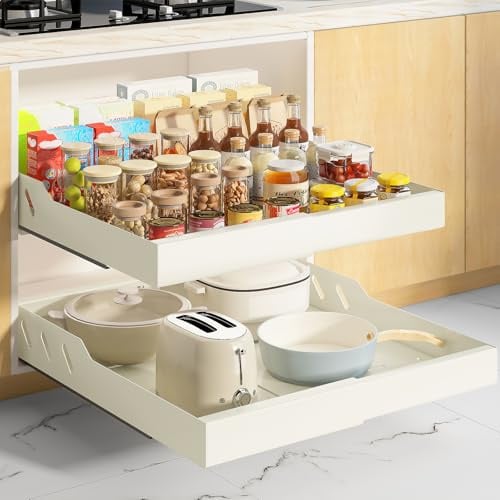 Mointal 2 Stück Große Ausziehschublade für die Küche, Teleskopschublade, Metallschrank-Organizer, Bad & Wohnzimmer, Einstellbare Breite 32-53 cm & Tiefe 53 cm, Klebeband/Schrauben Montage, Cremeweiß