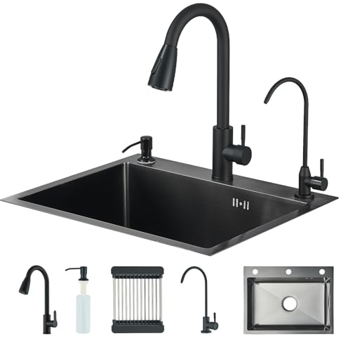 Hevenaov Évier de cuisine noir 55 x 45 cm, 1 lavabo, évier de cuisine en acier inoxydable sous plan de travail ou sur plan de travail avec robinet extensible, distributeur de savon, robinet d'eau