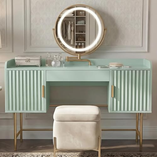 Blisswood Fluted Dressing Table with Mirror, Vanity Makeup Desk with Large Drawer & 2 Storage Cabinets, 360° Swivelling Mirror with 3-Colour LED Lights, Makeup Table for Bedroom Furniture_Sage Green