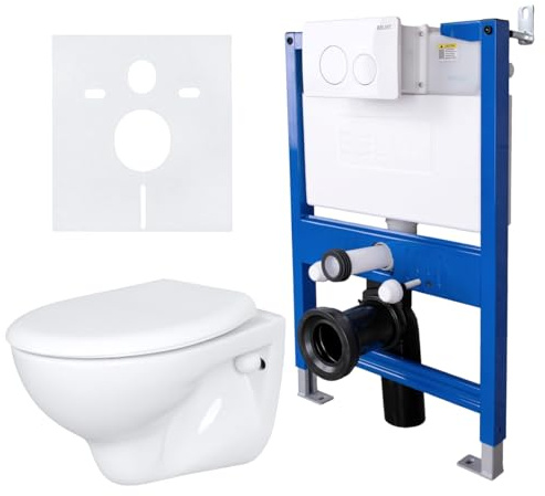 Belvit Wand WC Komplettset, Weiß, 75-82 cm | mit Vorwandelement, spülrandloses Hänge WC, Softclose Sitz, Unterputz Spülkasten mit Drückerplatte, für Trockenbau