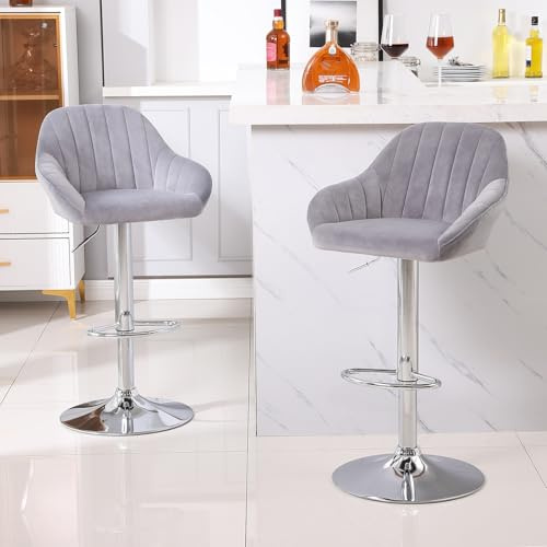 Chummaven Samt Barhocker höhenverstellbar 2er Set mit Armlehne, Grau | drehbar, gepolstert, mit Lehne, Fußstütze, Metallgestell, modernes Design, Küchenhocker, Barsessel für Kücheninsel, Hausbar
