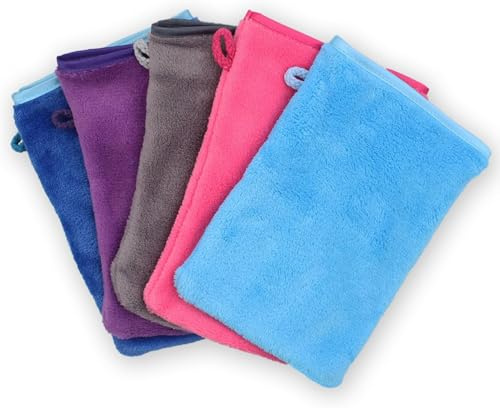 SJIFJSE Gants de Toilette, 5 Pièces Gants de Toilette Coton, pour Démaquillage Doux et Soins du Visage, Taille 20x15 cm en Cinq Couleurs, Idéal pour Famille et Soins Quotidiens