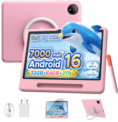 Easerush P10 Kid Tablet con Penna Custodia in Silicone, Rosa | Tablet 10 Pollici con 32GB RAM+64GB ROM Tablet per Bambini, 90Hz Tablet Android 16 & Gemini AI, 7000mAhT310/5G WiFi/8MP+5MP