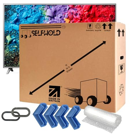 SelfHold TV Boxes For Moving 65 inch with Foam Corners & Bubble Wrap & Easy Grip Hand Holds - Double Wall TV Packing Box 65 inch for Packing, Storing, Shipping with Handles and Extra Strength