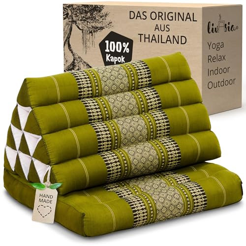 livasia Thaikissen mit 1 Auflage - 75x50x8cm - Dreieckskissen mit Sitzkissen, Keilkissen mit Kapok, Rückenkissen faltbar, Thaimatte zum Klappen, handgefertigt, Meditationskissen (Grün)