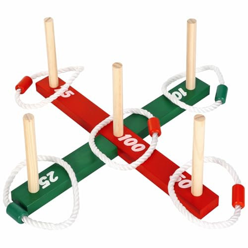 Vinsani® Quoits Garden Game | Wooden Quoits Set - Outdoor Ring Toss Game Rope Quoits & Wooden Pegs Throwing for Family Lawn Games Outdoor Games for Kids Children
