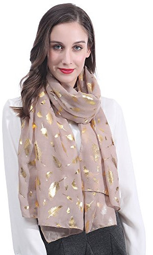 Lina & Lily Damen Schal mit Federmuster Metallic (Beige-Gold)