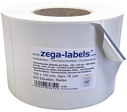 Thermotransfer Etiketten auf Rolle - 100 x 150 mm - 500 Stück je Rolle - Kern 76mm - EXTREM STARK haftender Spezialkleber für Reifen, Holzpaletten, Beton - Druckverfahren: Thermotransfer(mit Farbband)