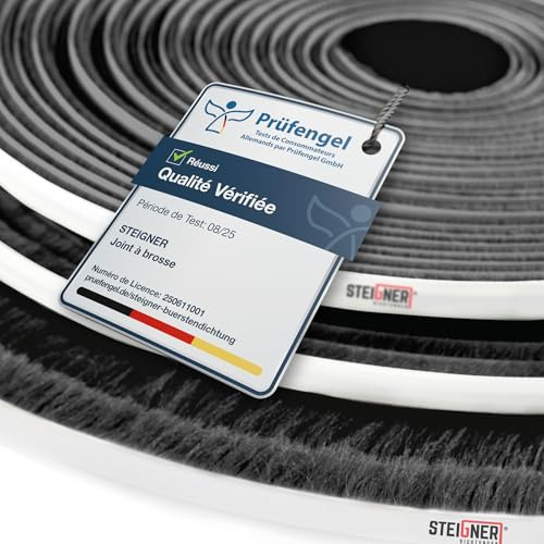 STEIGNER Joint brosse autocollant Noir 8 mm x 40 m - Joint pour fenêtres, portes coulissantes et intérieures - Protection contre les insectes, coupe-vent, isolation phonique