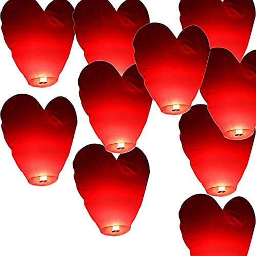 20 linternas de cielo chinas Kongming de papel chino, faroles voladores de aire caliente chino, lámpara de deseos voladora en forma de corazón, linternas de cielo con mosca (rojo)