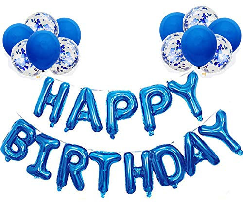 Blue Happy Birthday Balloons Banner Bunting 16 inch Letters Foil & 20 Pack Large 12 Inch Latex Blue Ballloons for Birthday Party Decorations Supplies