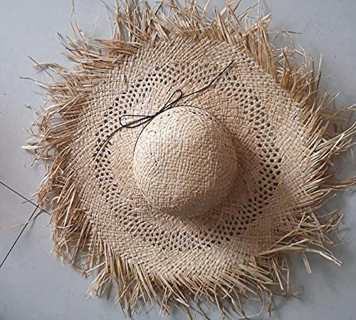 Sonnenhut Strohhut Hut Damen Große Strohhüte Mit Breiter Krempe Gewebter Kreis Fransen Strandkappe Aushöhlen Großer Strohhut-Beige4