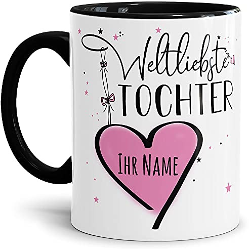 Tassendruck Keramik Tasse - Weltliebste Tochter - zum selbst gestalten mit Name - Geschenk für die beste Tochter - Innen & Henkel Schwarz, 300 ml
