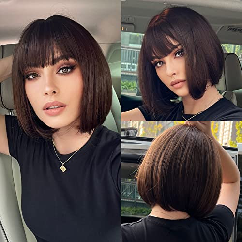 HAIRCUBE Gerade Kurze Charmante Bob mit Bangs Perücken für Frau Natur Hitzebeständige Synthetische Faser Party/Cosplay/Kostüm/Tägliche Perücke (brauner/schwarzer Tee)