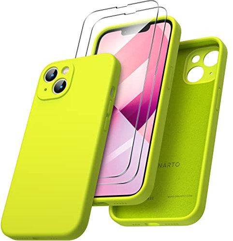 ORNARTO Compatible with iPhone 13 Case 6.1 inch, with 2 Screen Protector Liquid Silicone Gel Rubber Cover [Full Body] Shockproof Protective Phone Case for iPhone 13-Fluorescent Yellow