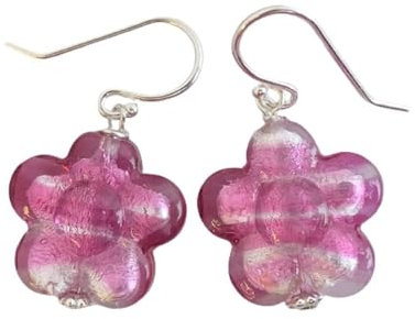 Pendientes de plata de ley con flores rosas de cristal de Murano