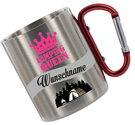 Crealuxe Edelstahltasse mit Karabiner - Camping Queen Wunschname - 330ml, Tasse personalisiert, Kaffeetasse, Bürotasse, Metalltasse mit Name, Campingzubehör