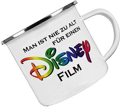 Emaille Tasse - Man ist nie zu alt für einen Disney Film - Kaffeetasse mit Motiv, Campingtasse, bedruckte Emailletasse mit Wunschtext