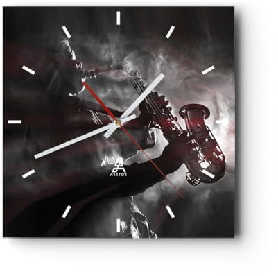 Modern Wanduhr Musiker Saxophonist Schwarz 40x40cm Quadrat Groß Wand Uhr Glas Analog Zimmeruhren Küche Büro Wohnzimmer Glasuhr Wall Clock Dekoration Design Wanddekoration Küchenuhr C3AC40x40-4276