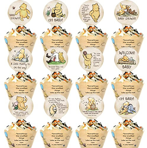Juego de 72 adornos y envolturas para cupcakes Winnie Baby Shower (36 de cada uno), suministros clásicos de fiesta de Pooh para fiesta de cumpleaños o decoración de despedida de soltera