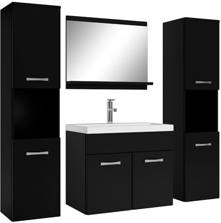 Badplaats Badmöbel Komplettset Montreal XL 60 x 35 cm Schwarz Matt - Badezimmermöbel mit Waschbecken, Spiegel und 2 Badezimmerschränke