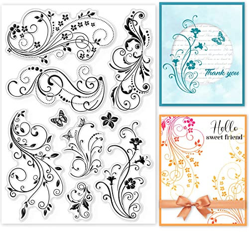 GLOBLELAND Blumenrebe Spitze Klare Briefmarken Dekorative Flourish Schmetterling Silikon Klare Stempel Dichtungen für Karten, Die DIY Scrapbooking Foto Journal Album Dekor, 21x14.8cm /8.3x5.8inch