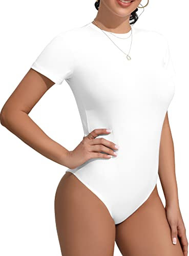 MANGDIUP bodysuit for women Short Sleeve Round Neck Short Sleeve Basic T Shirt Bodysuit, Short Sleeve-white, Medium