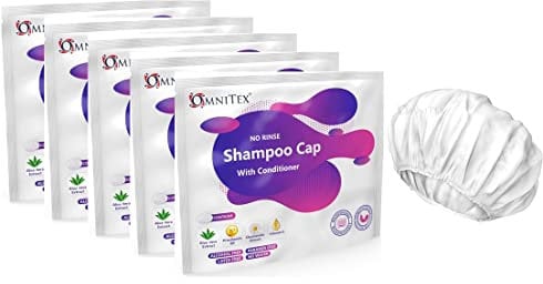 5 pk - Premium Rinse Free Shampoo Cap - Microwaveable with Conditioner & Vitamins, Nourish & Protect with Herbal Extracts & Barrier Cream, Parabens Latex & Alcohol Free with 1 Pack of Limdo Gloves