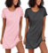 Ekouaer Chemise de Nuit Femme Coton Manches Courtes 2pcs Robe de Nuit Col Rond Vêtements de Nuit Sexy Ete, Gris + Rose, L