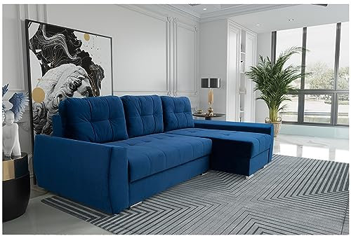 MEBLINI Schlafcouch mit Bettkasten - Kleines Ecksofa mit Schlaffunktion - Sofa mit Relaxfunktion und Kissen - Kleine Couch L-Form - Eckcouch - FURLA - 250x151x90cm Rechts - Blau Samt