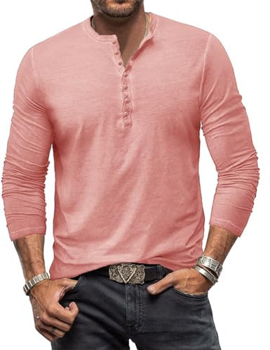 YawYews Mens Long Sleeve Tops Henley T Shirt for Men Cotton Casual Grandad Vintage T Shirts Tee with Buttons Pink M